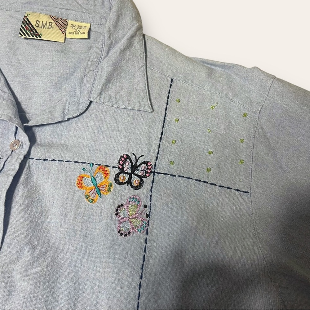 Y2K Beaded Embroidered Collared Shirt S.M.B Plus Size 2x Western Cottagecore - Picture 5 of 7